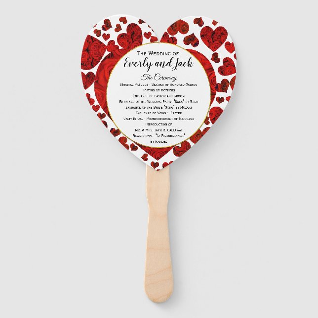 Rote Herzen und Rose Hochzeitsprogramm Elegantes G Fächer (Vorderseite)