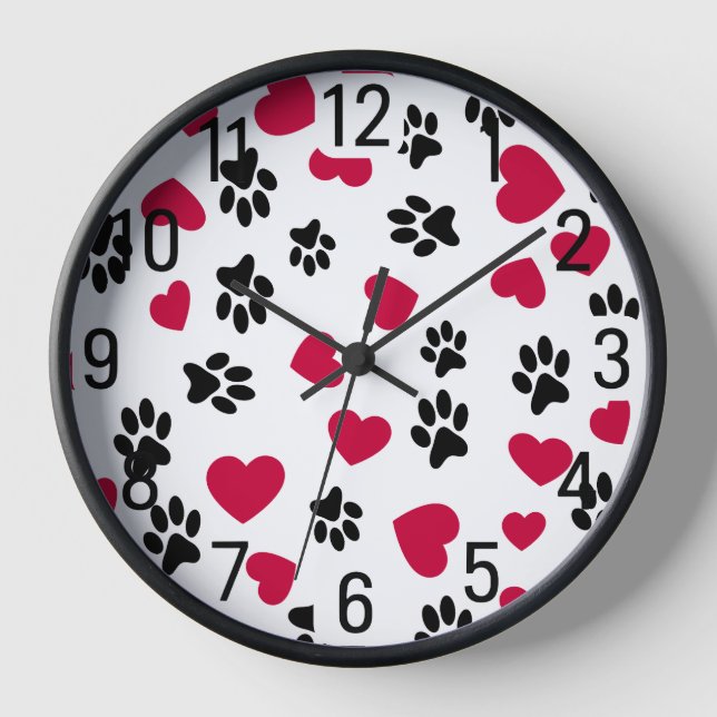 Rote Herzen und schwarze Paw-Prints Uhr (Vorderseite)