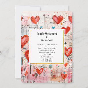 Rote Herzen Whimsical Liebesmuster Hochzeit Einladung