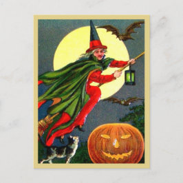 Rote Hexe auf Broomstick - Vintages Halloween Postkarte
