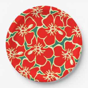Rote Hibiskus-Blumen tropisches hawaiisches Luau Pappteller