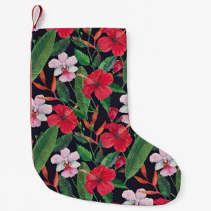 Rote Hibiskus, Orchideen, tropisches Aquarell. Kleiner Weihnachtsstrumpf