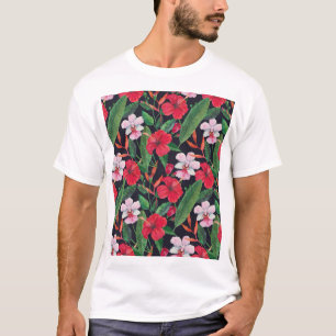 Rote Hibiskus, Orchideen, tropisches Aquarell. T-Shirt