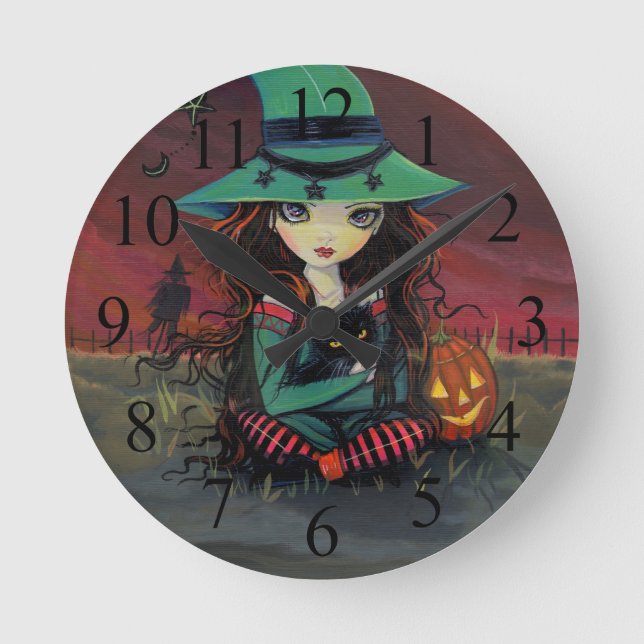 Rote Himmel von Oktober-Hexe-Halloween-Uhr Runde Wanduhr (Vorderseite)