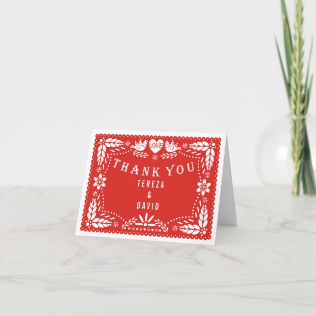 Rote Hochzeit der Papel picado Liebe-Vögel danken Dankeskarte (Vorderseite)