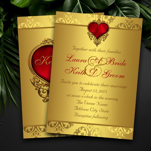 Rote Hochzeit und Goldhochzeit Einladung (Beautiful red and gold wedding invitation with ornate red and gold heart. Simply add your details.)