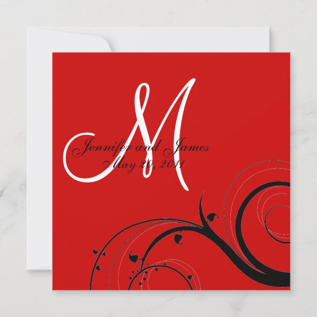Rote Hochzeitseinladung mit schwarzem Swirl Einladung (Vorderseite)