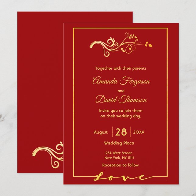 Rote Hochzeitskarte mit goldenem Dekor im Imitat Einladung (Vorne/Hinten)