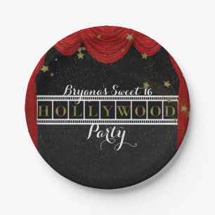 Rote HOLLYWOOD Vorhänge & Gold Party individuell Pappteller
