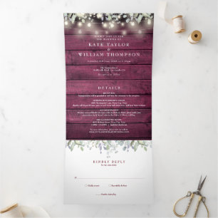 Rote Holz-Lichterkette Blumen Foto Hochzeit Dreifach Gefaltete Einladung