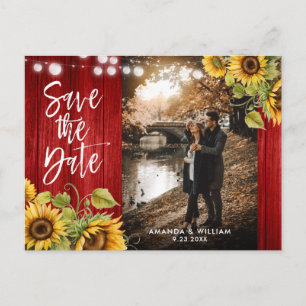 Rote Holz-Sonnenblumen-Hochzeitsfoto Save The Date Ankündigungspostkarte