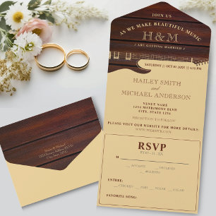 Rote Holz- und braune Gitarren-Hochzeit All In One Einladung
