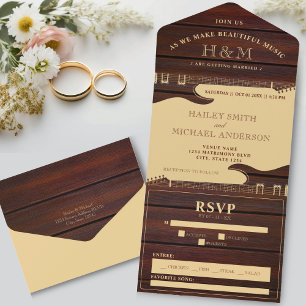 Rote Holz- und braune Gitarren-Hochzeit All In One Einladung