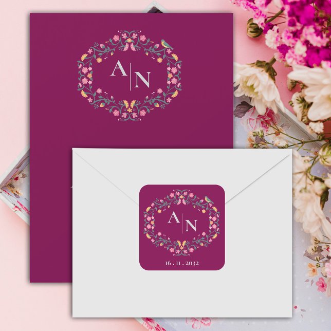 Rote Hübsche Monogramm Niedlich-farbige Blumenhoch Quadratischer Aufkleber (Red Pretty Monogram Cute Colorful Floral Wedding Square Sticker)