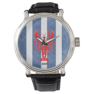 Rote Hummer auf blauen und weißen Streifen Armbanduhr