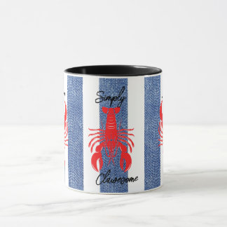 Rote Hummer auf blauen und weißen Streifen Tasse