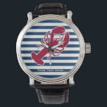 Rote Hummer Monogramm Blauer Streifen Armbanduhr<br><div class="desc">Ein roter Hummer mit Ihrem Monogramm oder Text-Set auf einem marineblau-weiß gestreiften Hintergrund. Ein perfektes Design für einen Strand oder eine sommerliche Zuhause am Meer,  Hummerbake am Ufer,  Wiedersehen oder einfach nur den Alltag. Klicken Sie unten auf das Logo von Colorfulgalshop,  um weitere lustige nautische Designs zu erhalten.</div>
