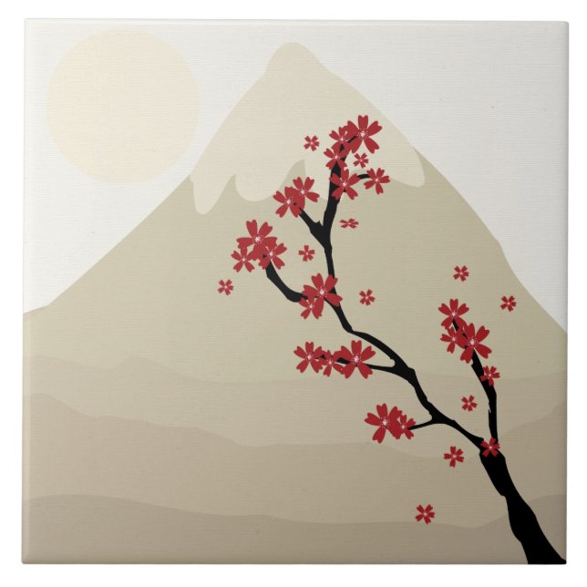 Rote Illustration des Kirschblüten-Fujisans Japan Fliese (Vorderseite)