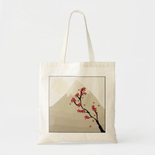 Rote Illustration des Kirschblüten-Fujisans Japan Tragetasche