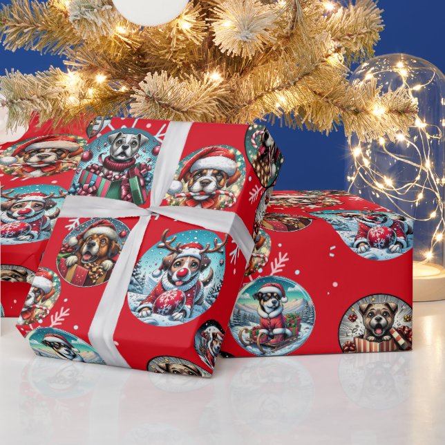 Rote illustre Schneeflocke und Hunde Weihnachtsges Geschenkpapier (Feiertage)