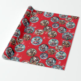 Rote illustre Schneeflocke und Hunde Weihnachtsges Geschenkpapier