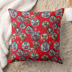 Rote illustre Schneeflocke und Hunde Weihnachtsges Kissen