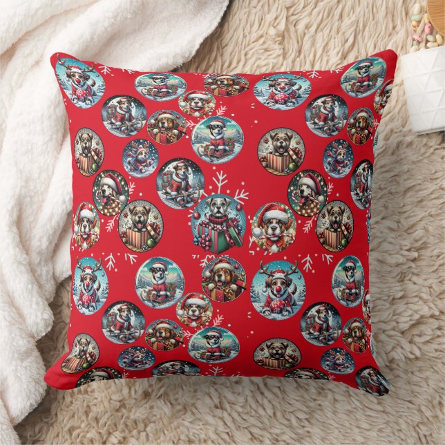 Rote illustre Schneeflocke und Hunde Weihnachtsges Kissen (Decke)