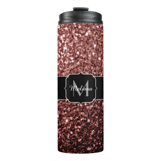 Rote Imitat Glitzer Glitzern Monogramm Thermosbecher (Vorderseite)
