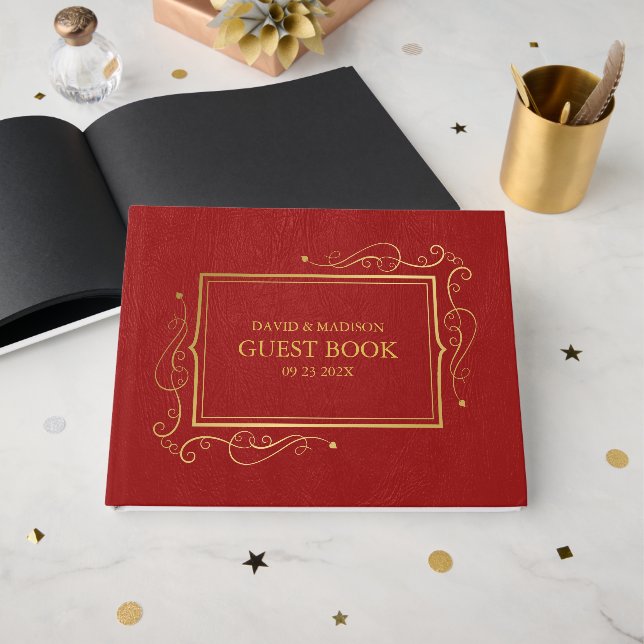 Rote Imitate Leather Gold Rahmen Gästebuch (Vorderseite Offen)