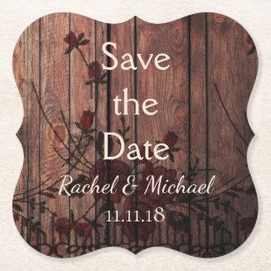 Rote Imitate Spitzen und Holz Save the Date Untersetzer