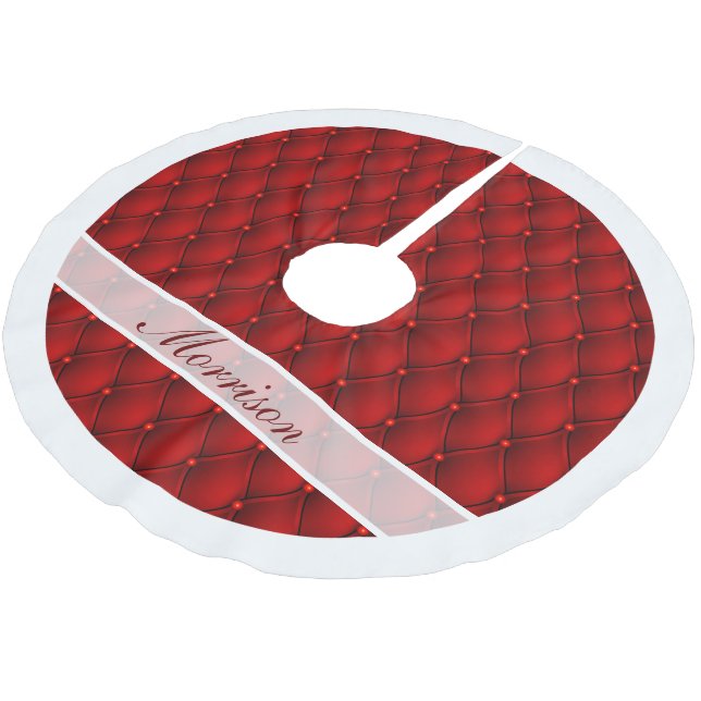 Rote Imitate Upholsterie und Mit Monogramm Weiße T Polyester Weihnachtsbaumdecke (Schrägansicht)