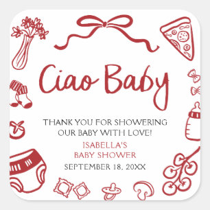 Rote italienische handgezeichnete Pizza Ciao Baby  Quadratischer Aufkleber