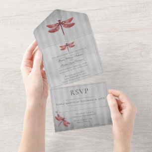 Rote Juwelen Libellen Hochzeit All In One Einladung