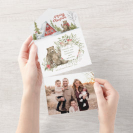 Rote Kabine im Wald mit Bären | Foto Weihnachten All In One Einladung