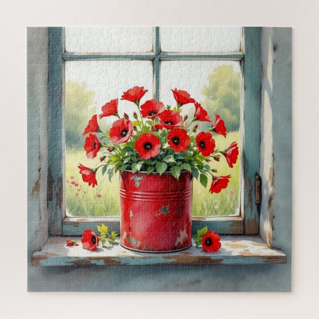 Rote Kaffeebüchse mit Roten Mohnblumen (Vertikal)