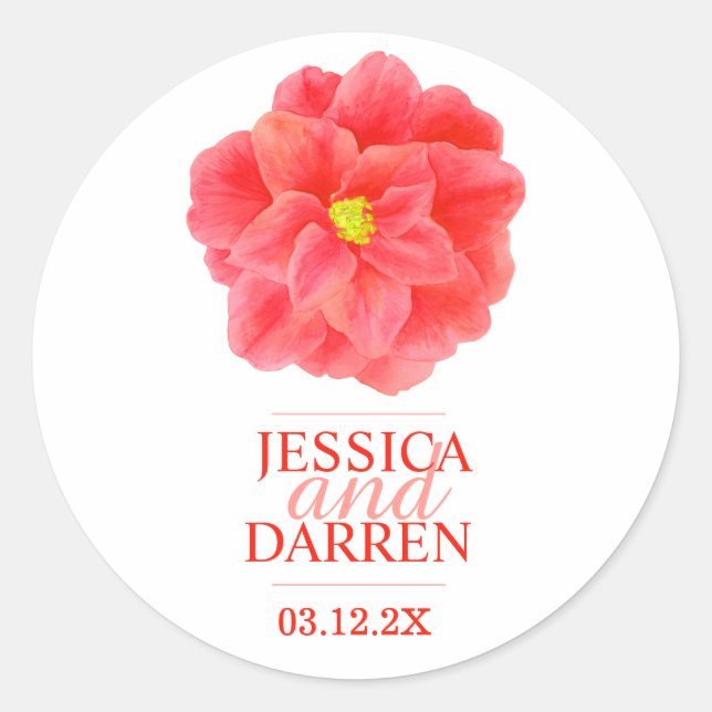 Rote Kamelie-Blume Hochzeitsticker Runder Aufkleber (Vorderseite)