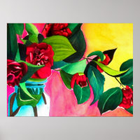 Rote Kamelien mit grüner Blattfarbe Aquarell Blume