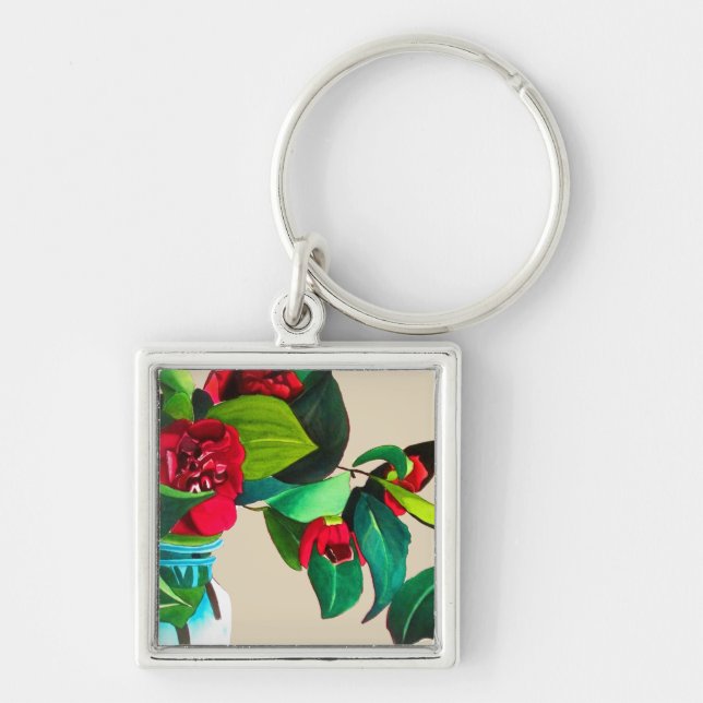 Rote Kamelien mit grüner Blattfarbe Aquarell Blume Schlüsselanhänger (Vorne)