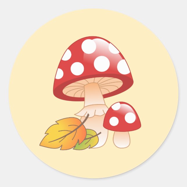 Rote Kappe Toadstool Pilze und Blätter auf Gelb Runder Aufkleber (Vorderseite)
