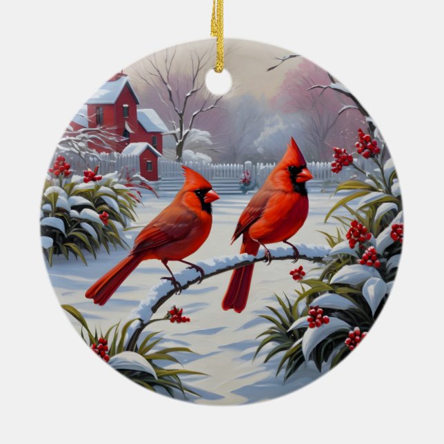 Rote Kardinal im Winter Keramik Ornament (Hinten)