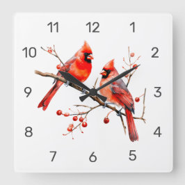 Rote Kardinal Vögel auf der Holly-Tree-Zweigstelle Quadratische Wanduhr