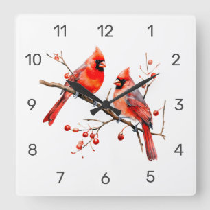Rote Kardinal Vögel auf der Holly-Tree-Zweigstelle Quadratische Wanduhr