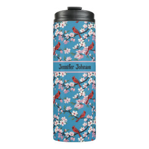 Rote Kardinal Vögel und Rosa Kirschblüten Blau Thermosbecher
