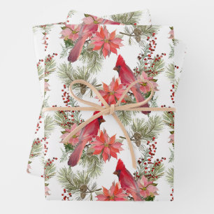 Rote Kardinäle, Beeren und Poinsettia Blume Geschenkpapier Set