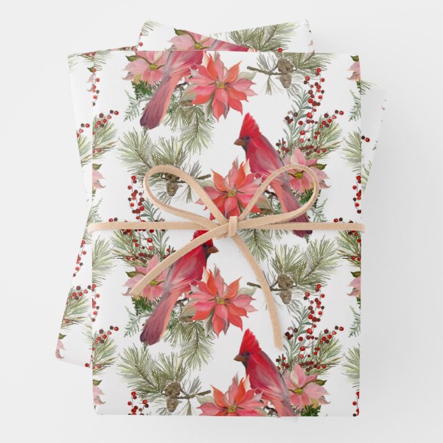 Rote Kardinäle, Beeren und Poinsettia Blume Geschenkpapier Set (Beispiel)