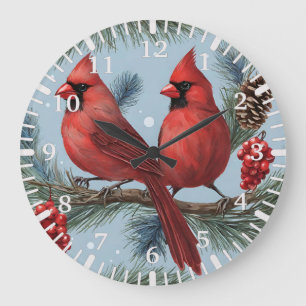 Rote Kardinäle, Berries, Kiefernzweige, Pinecone Große Wanduhr