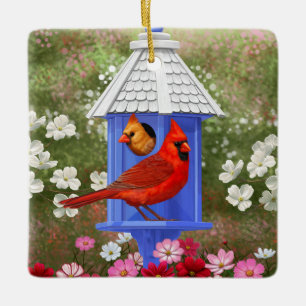 Rote Kardinäle Bird House Flower Garden Keramikornament