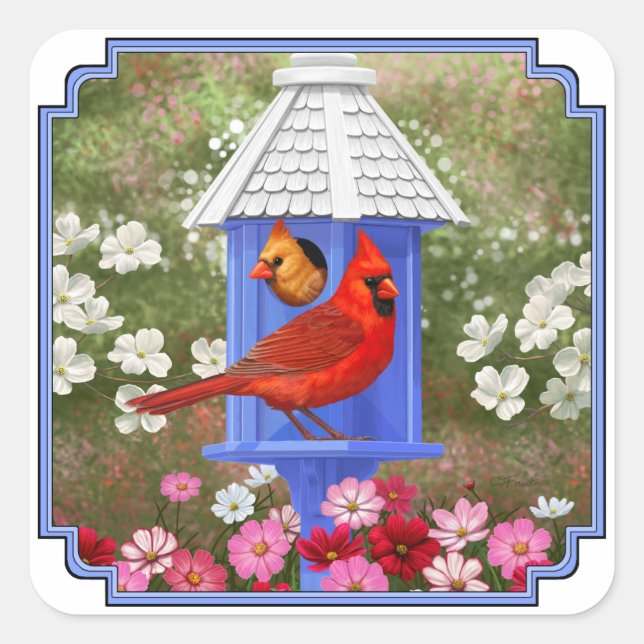 Rote Kardinäle Bird House Flower Garden Quadratischer Aufkleber (Vorderseite)
