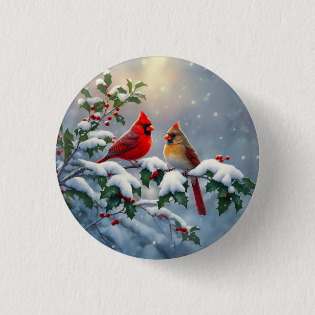 Rote Kardinäle und Holly in Snow Button (Vorderseite)