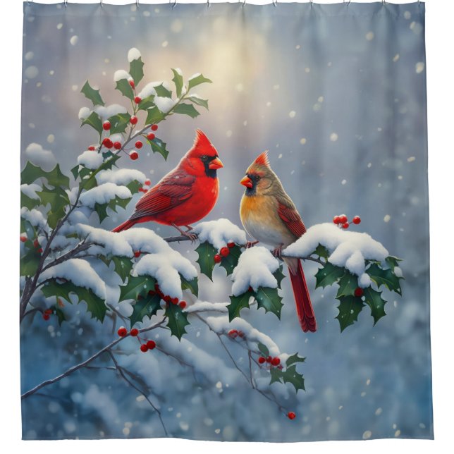 Rote Kardinäle und Holly in Snow Duschvorhang (Vorderseite)